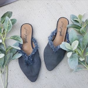 Free People Newport Navy Blue Leather Suede Fring Flat Mules Shoes